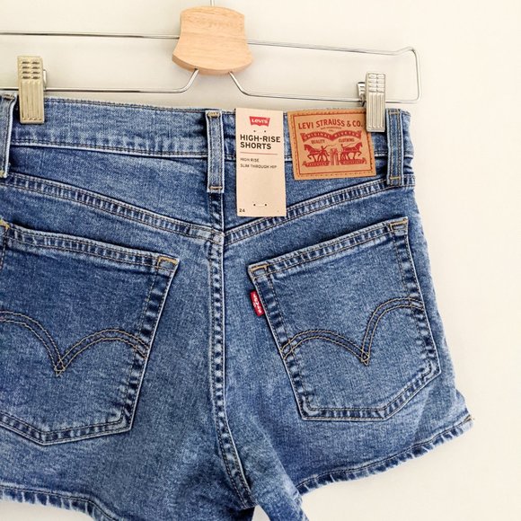 New Levi's High-Rise Stretchy Blue Denim Shorts Size 24 - Picture 8 of 10